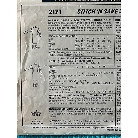 McCalls Sewing pattern 2171 knit mockneck dress long sleeve 1980s size 12 14 - Picture 4 of 5